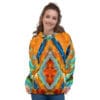Woman in colorful abstract hoodie.