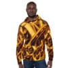 Man in gold brass instrument hoodie.