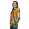 Woman in colorful abstract hoodie.