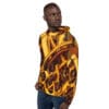 Man in gold brass instrument hoodie.