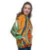 Woman in abstract print hoodie.