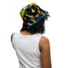 Woman wearing vibrant bucket hat.