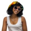 Woman in galaxy bucket hat and sunglasses.