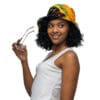 Woman in bucket hat holding sunglasses.