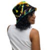 Woman wearing vibrant bucket hat.
