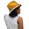 Woman wearing vibrant bucket hat.