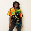 Woman wearing vibrant abstract print shirt.