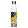 Water bottle with colorful abstract design.