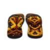 A pair of flip flops with an orange and black design.