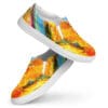 Colorful slip-on shoes with abstract design.
