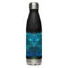 Black water bottle with blue design.
