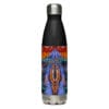 Water bottle with colorful butterfly wing design.