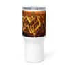 White tumbler with gold buckles image.