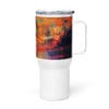 White mug with abstract art design.