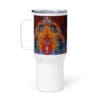 White mug with abstract colorful design.