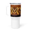 White travel mug with gold buckles design.