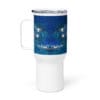 Blue artwork on white travel mug.