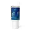 Blue abstract art tumbler with straw.