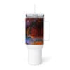 White travel mug with butterfly wing design.