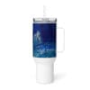Blue waterfall travel mug with straw.