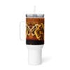 White tumbler with gold buckles design.