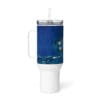 Blue abstract art tumbler with straw.