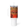 White tumbler with abstract art design.