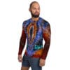 Man in vibrant abstract long-sleeve shirt.