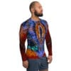 Man in colorful long-sleeve rash guard.