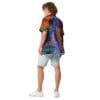 Man in patterned shirt and shorts, back view.