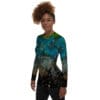 Woman in galaxy-print long-sleeve shirt.