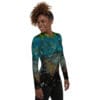 Woman in teal galaxy long-sleeve shirt.