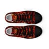 Fiery red and black high-top sneakers.