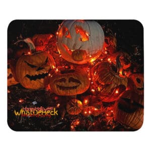 Lit jack-o'-lanterns on Halloween night.