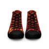 Fire-patterned high-top canvas shoes.