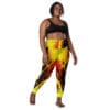 Plus-size model in yellow and black leggings.