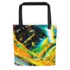 Vibrant abstract tote bag design.