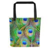 Vibrant peacock feather tote bag.