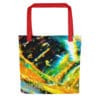 Abstract art tote bag with red straps.