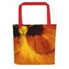 Red tote bag with orange pansy.