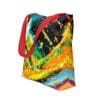Abstract art tote bag with red straps.