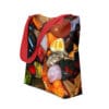 Red tote bag with colorful stones.