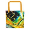 Abstract art tote bag with orange straps.