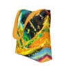 Abstract art tote bag with yellow straps.