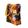 Tote bag with colorful gemstone print.