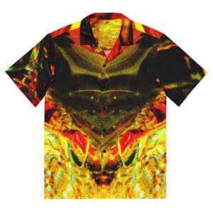 Abstract red and yellow button-up shirt.