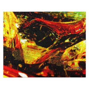 Abstract puzzle; fiery, dark colors.