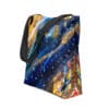 Abstract art tote bag with black straps.