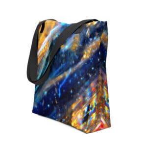 Abstract art tote bag with black straps.