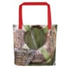 Red tote bag, weathered life ring, basket.